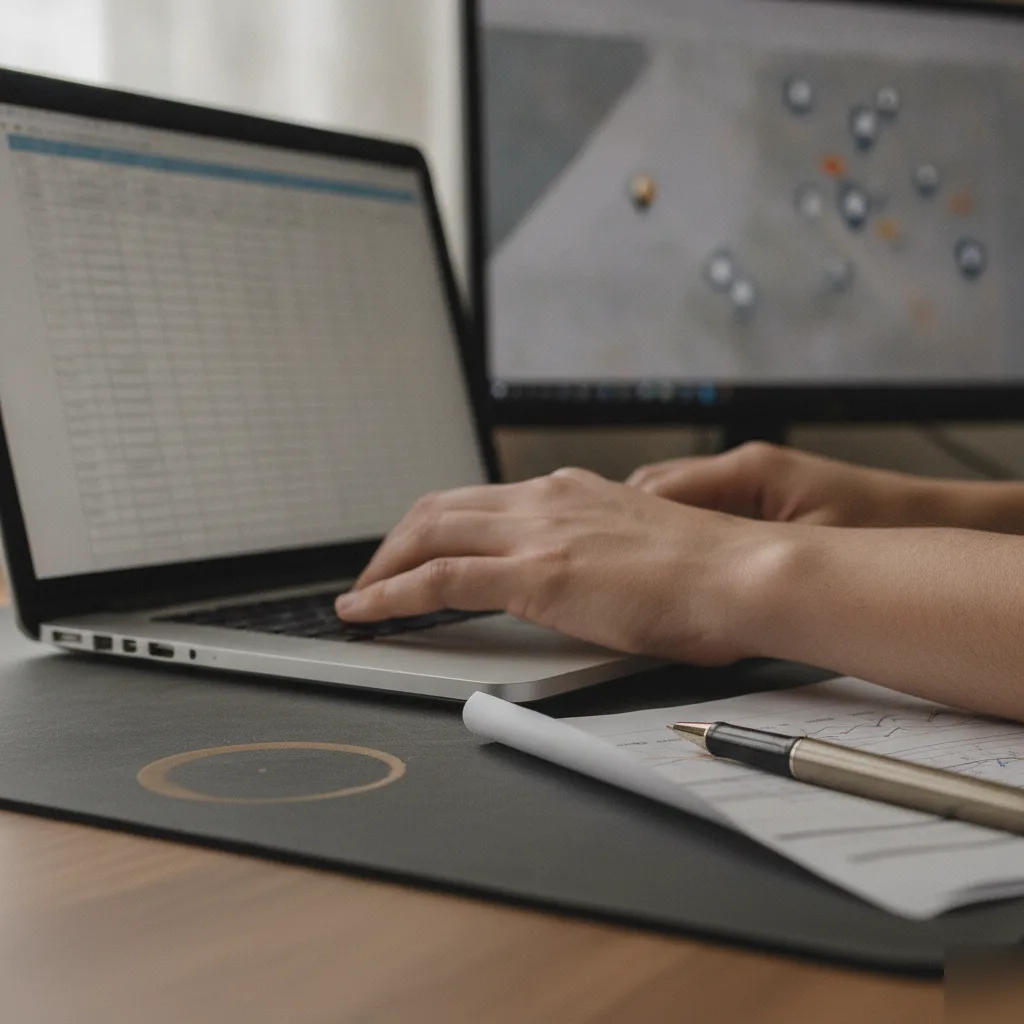 Hands typing while reviewing competitor SEO analysis rankings on screen, Northampton