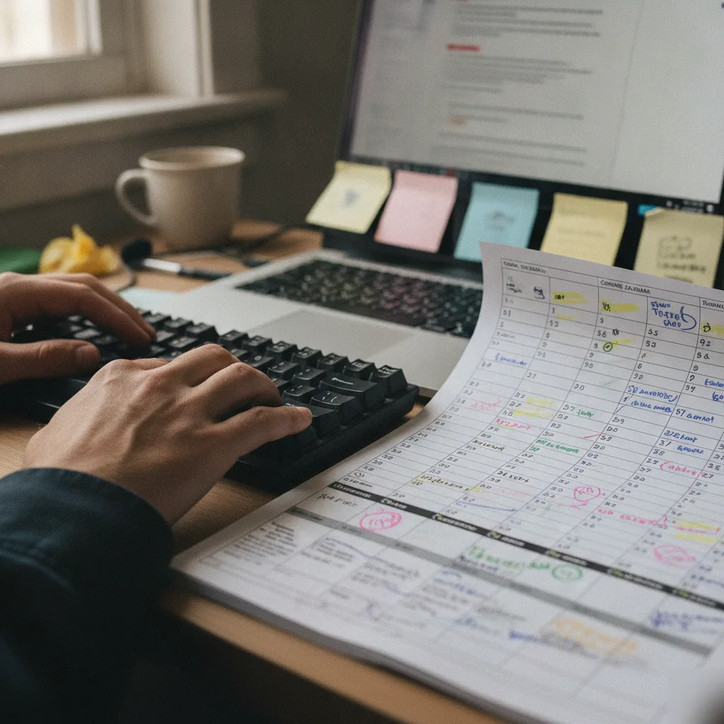 Hands typing beside a marked-up content calendar for Northampton content marketing