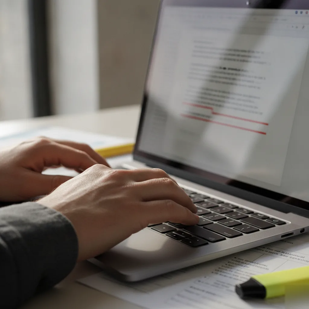 Hands typing edited website copy on laptop for Northampton marketing client
