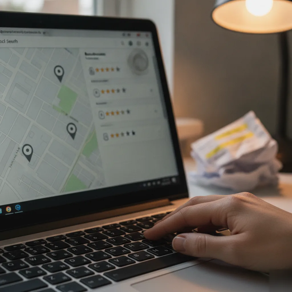 Close-up of hand scrolling local search map results for Northampton business listing