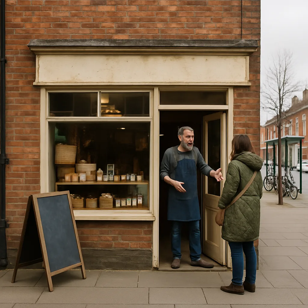 digital-marketing-independent-shop-storefront-northampton Independent Northampton shop owner speaking with customer at storefront doorway