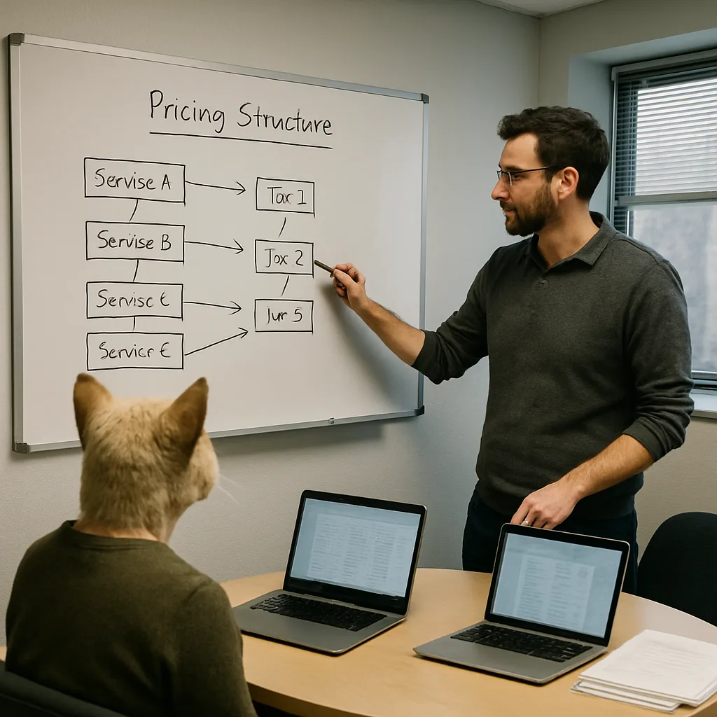 digital-marketing-pricing-consultation-whiteboard-northampton Consultant explaining digital marketing pricing tiers on whiteboard to client in Northampton