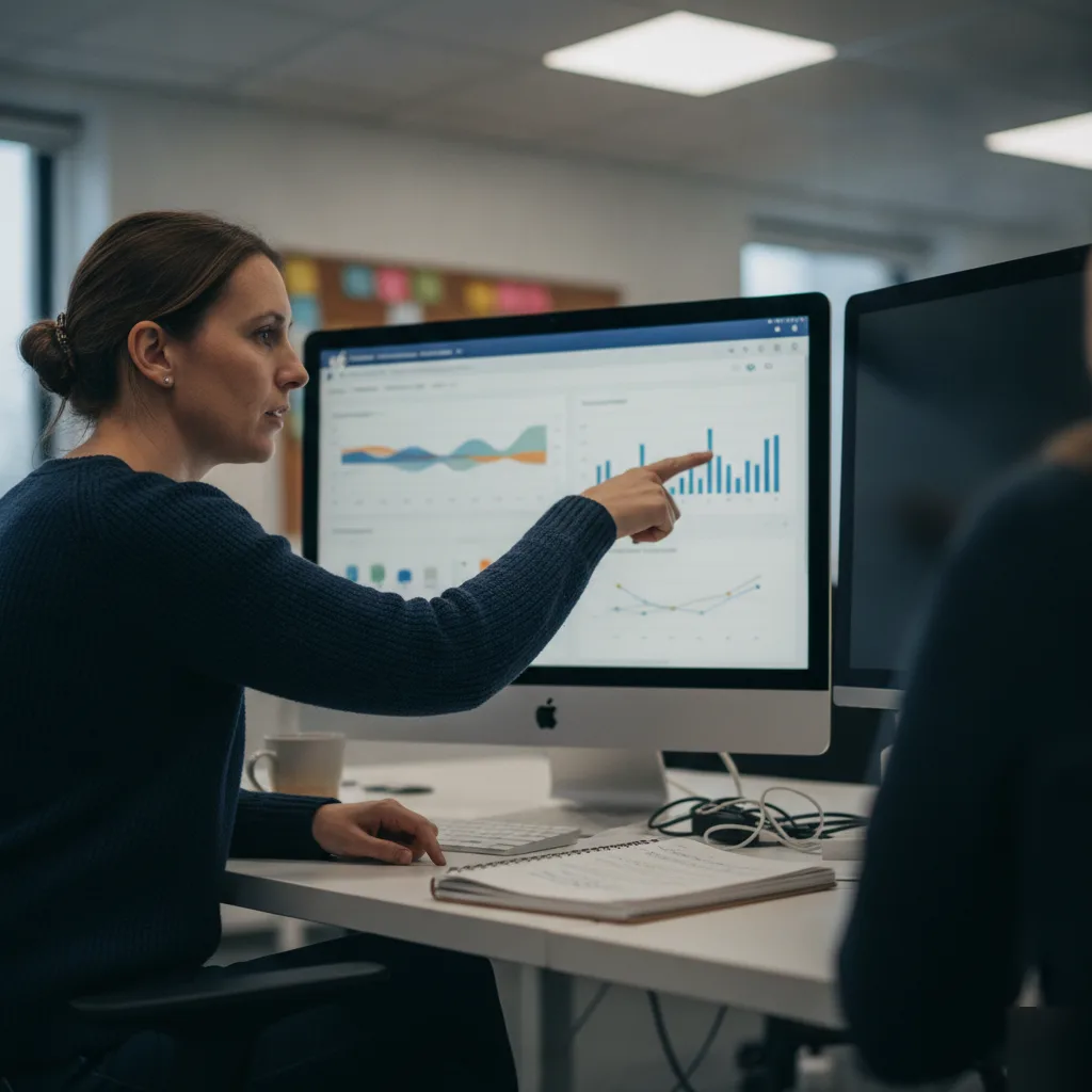 Marketer reviewing Facebook Advertising dashboard on desktop monitor in Northampton office