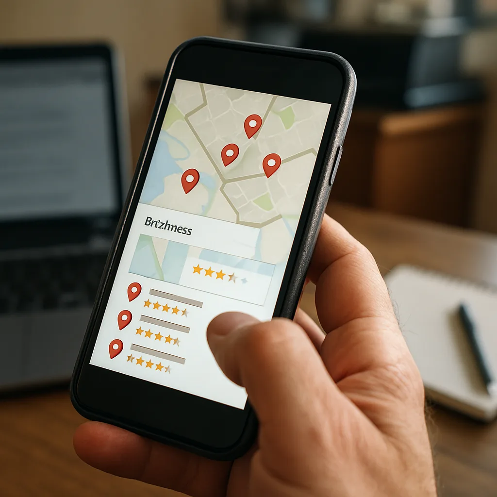 Close-up hand holding phone showing local business search results in Northampton