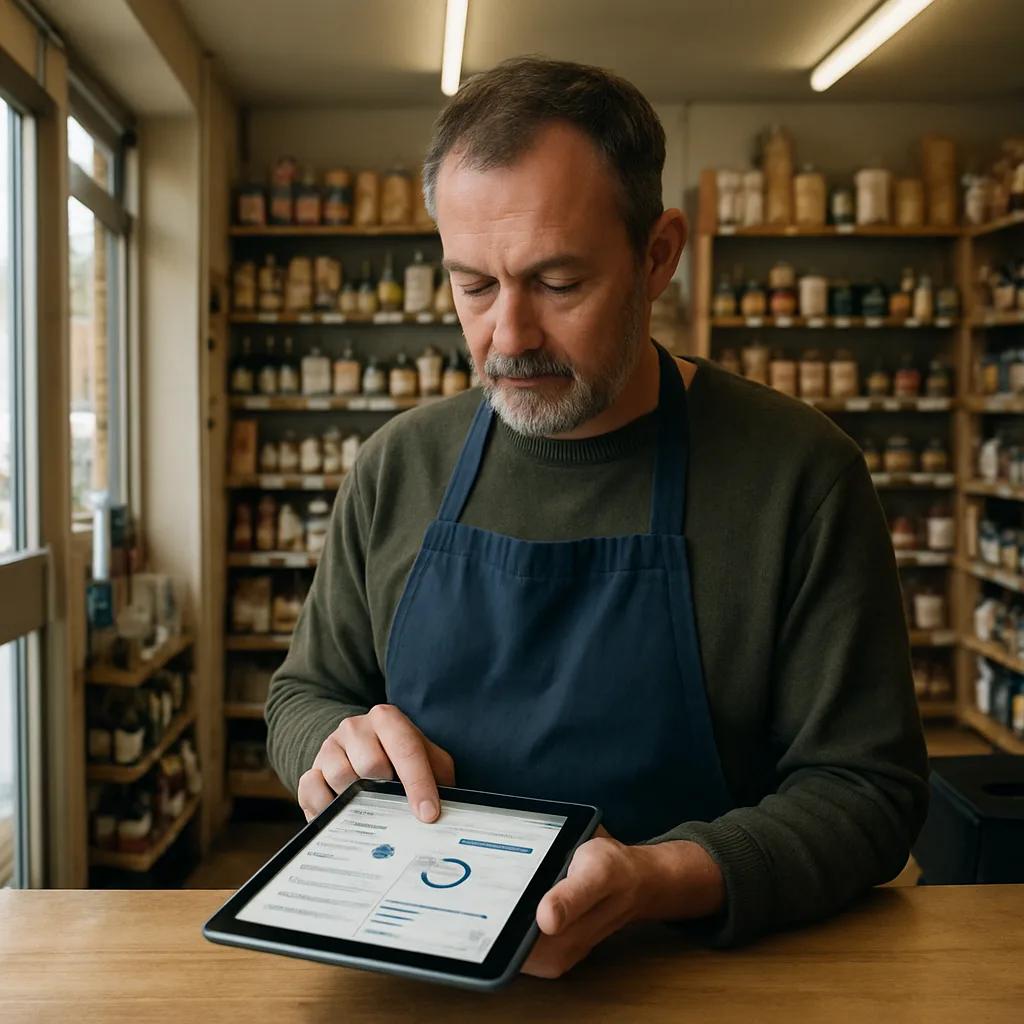 Shop owner checking business profile dashboard on tablet in Northampton retail store