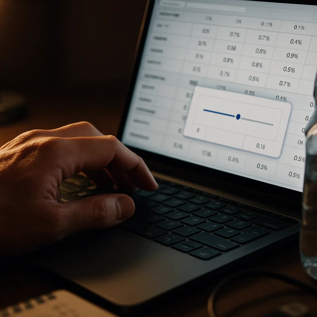 Hand adjusting Google Ads bid settings on laptop screen showing keyword data