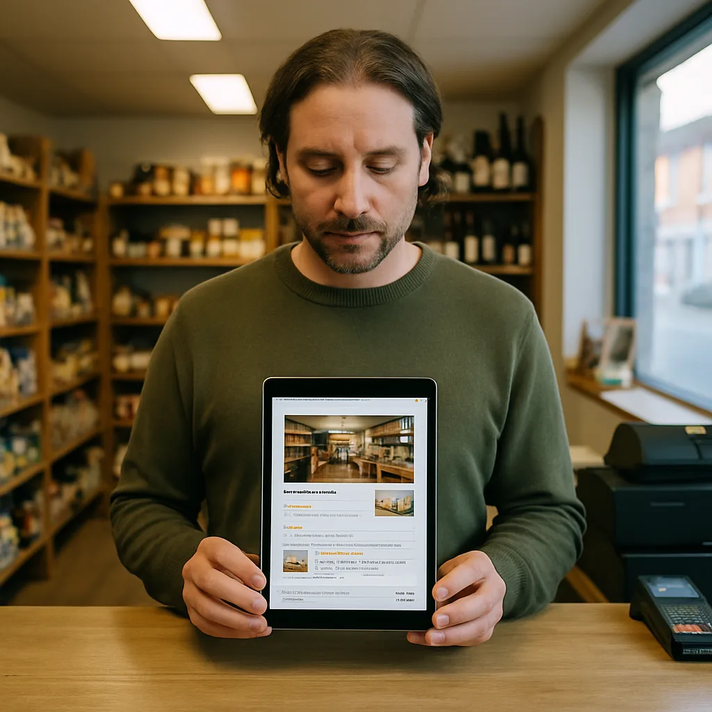 Shop owner viewing completed Google Business listing on tablet in Northampton
