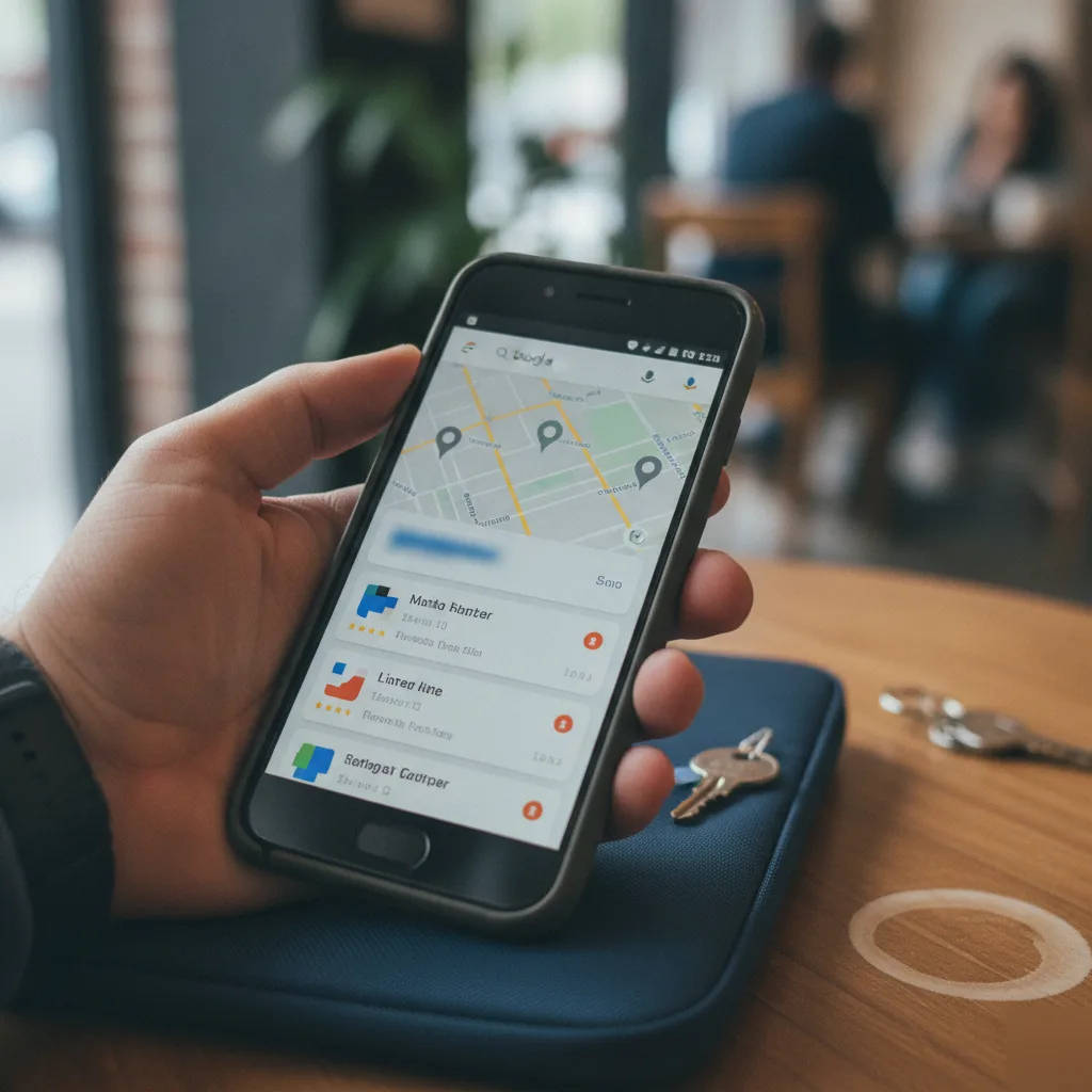 Hand holding smartphone showing Google Maps search results near Northampton business
