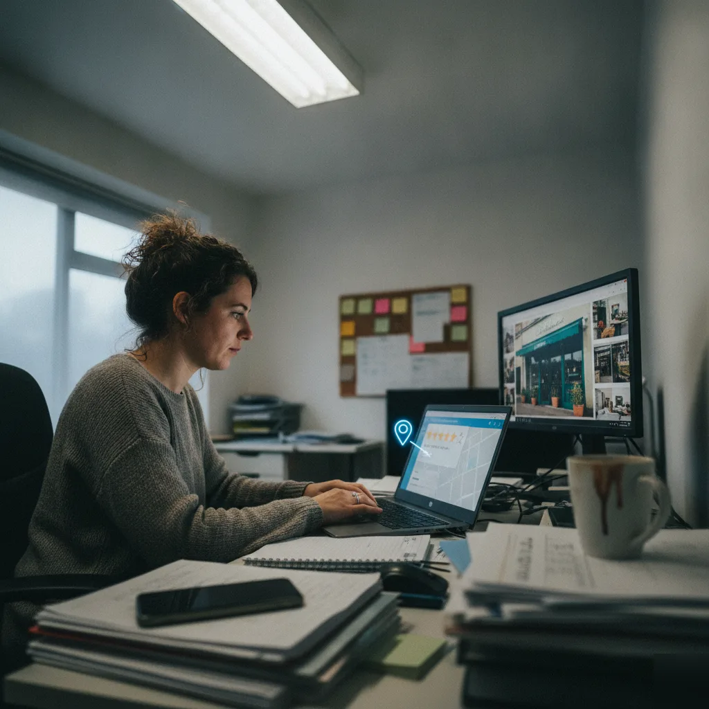 Consultant managing a Google Business Profile dashboard in a Northampton office
