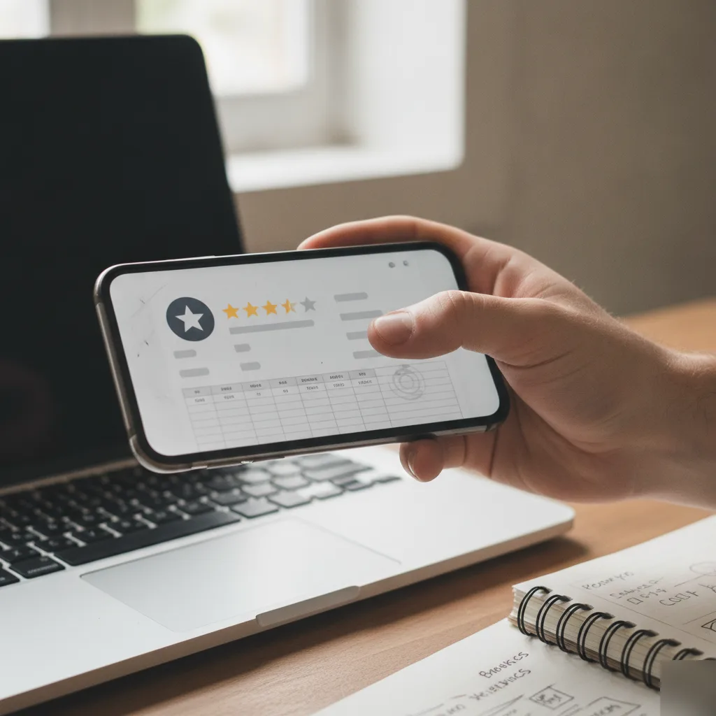 Hands checking business profile reviews and details on a smartphone