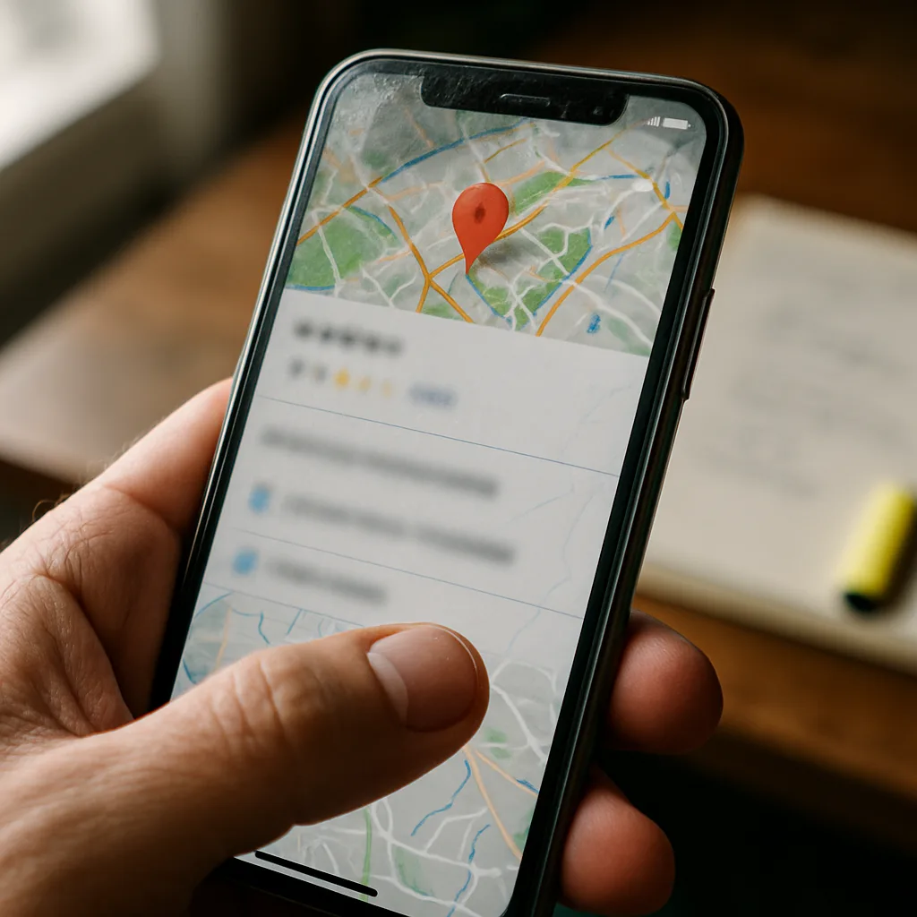 Close-up hand holding phone showing Google Maps listing needing profile fixes