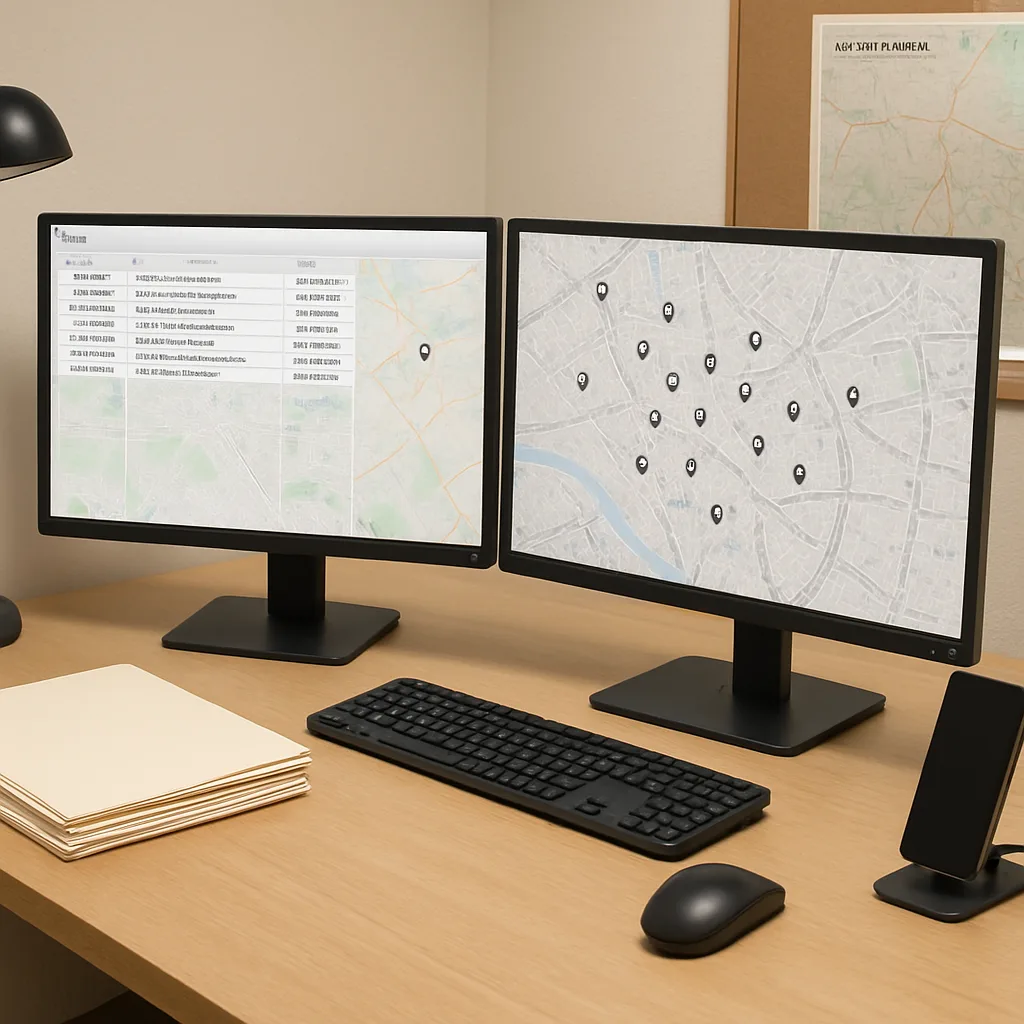 Dual monitors showing multiple business locations mapped for Google Maps management