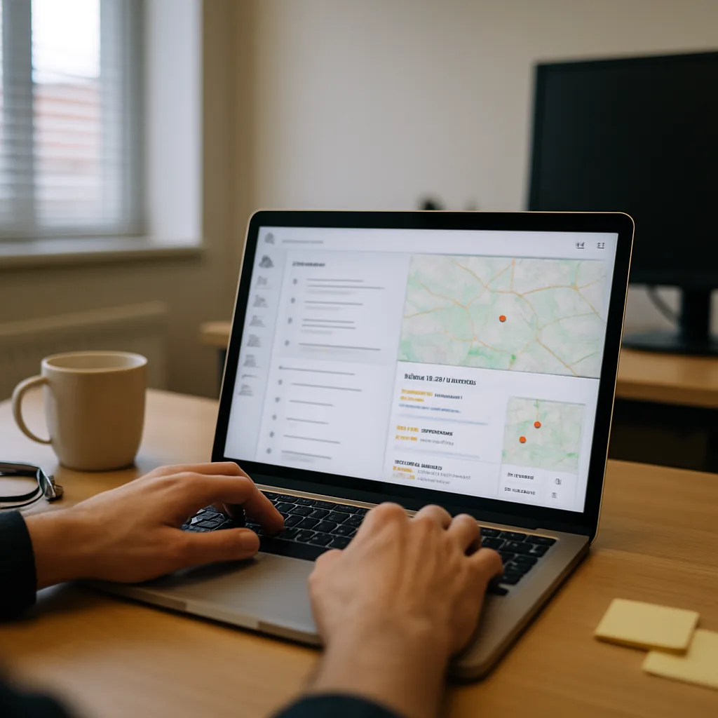 Marketer reviewing Google Maps Optimisation dashboard in Northampton office