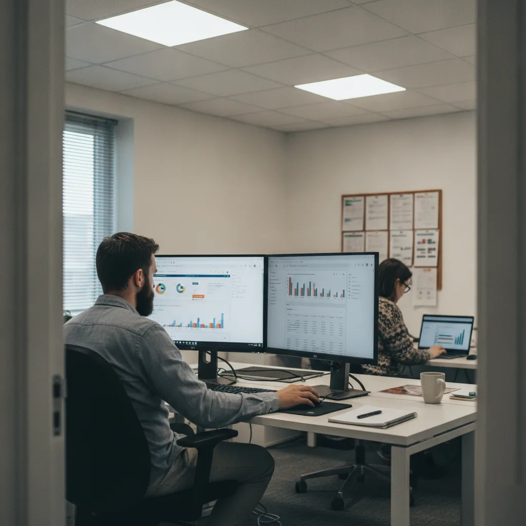 Internet marketing consultant reviewing SEO analytics dashboards in Northampton office