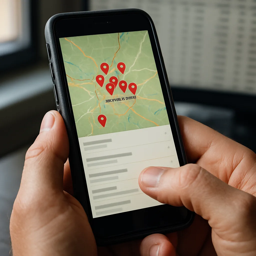 Close-up of smartphone showing local map search results near Northampton