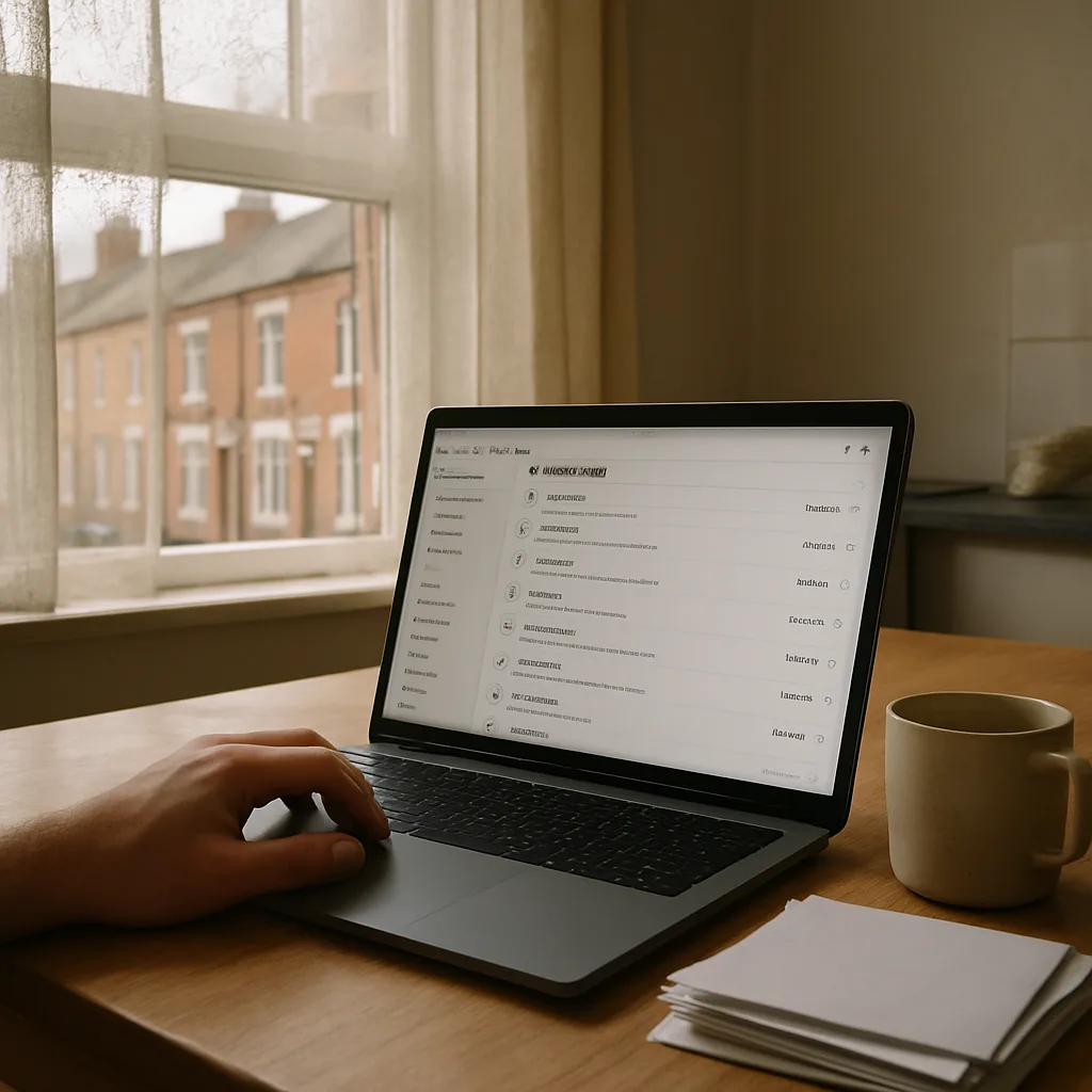 Kitchen table view of business enquiry inbox at Northampton home office