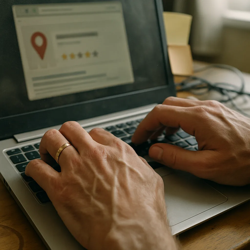 Hands typing while checking a Google Business Profile listing for signs of ranking issues