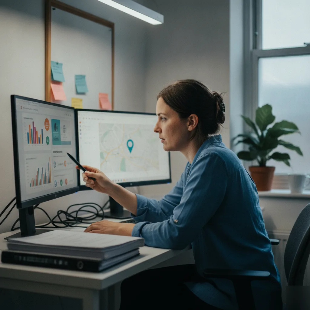 Marketing consultant reviewing paid social ad dashboard in Northampton office