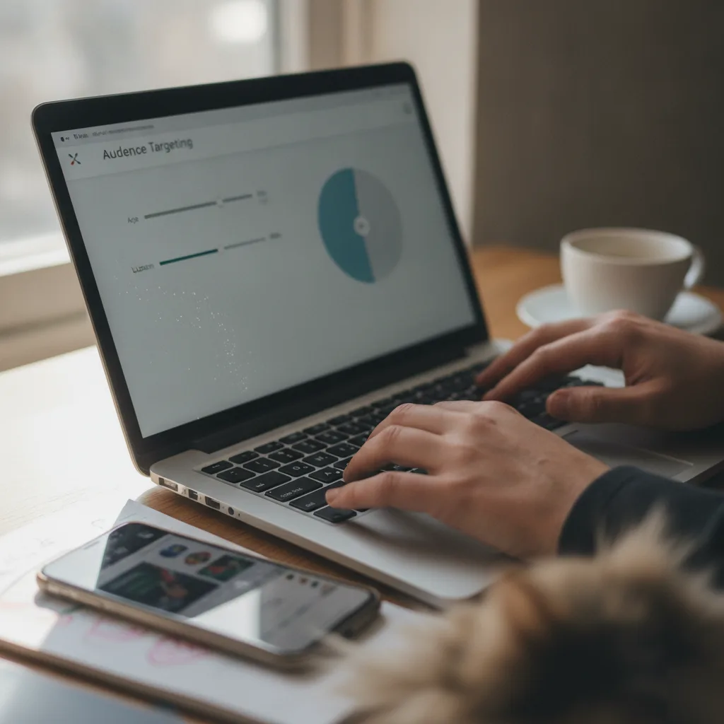 Hands setting audience targeting for paid social ads targeting Northampton area