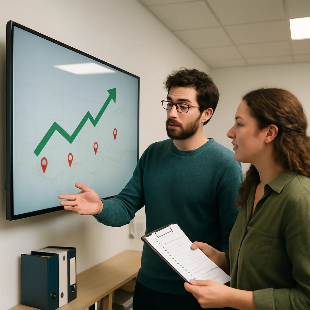 Colleagues reviewing multi-location SEO report screen in Northampton office