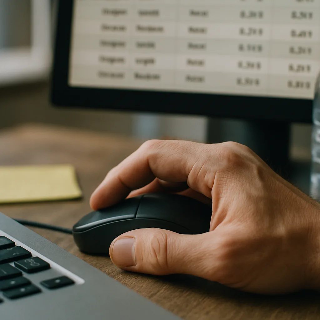 Close-up hand on mouse reviewing PPC keyword data on screen in Northampton