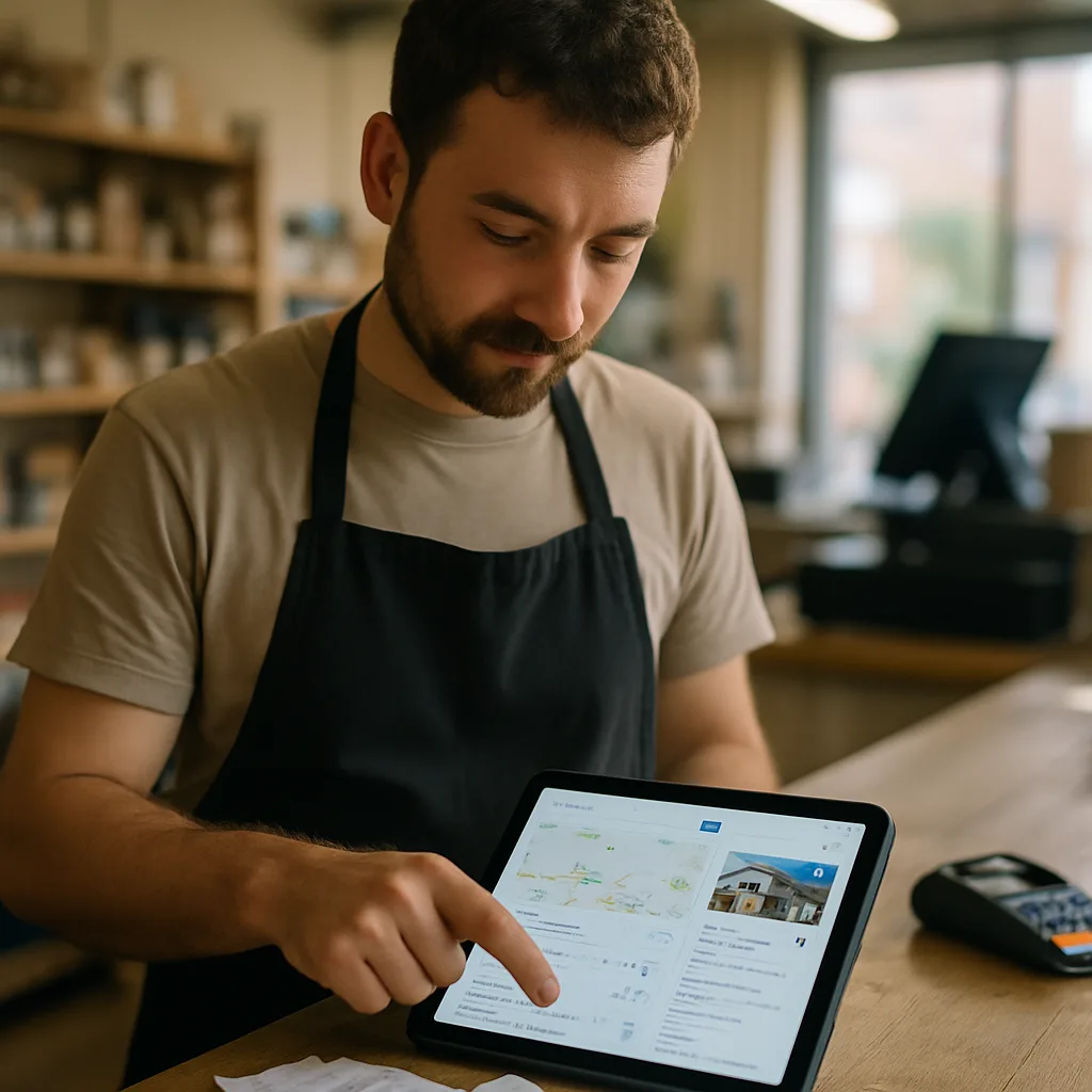 Shop owner viewing improved local search ranking on tablet in Northampton store