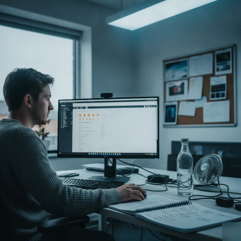 Marketing worker reviewing Google star ratings on screen for reputation management Northampton