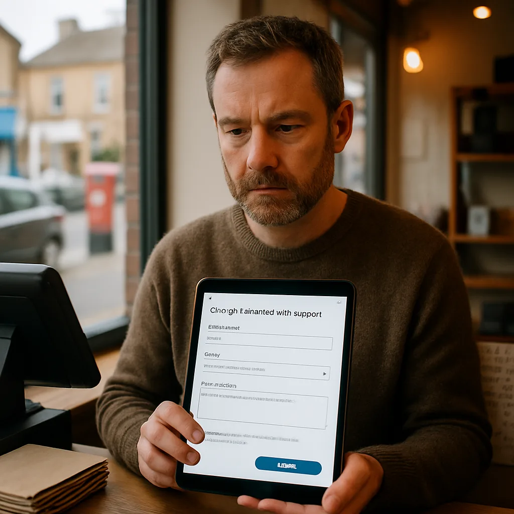 Shop owner submitting Google review dispute form on tablet in Northampton