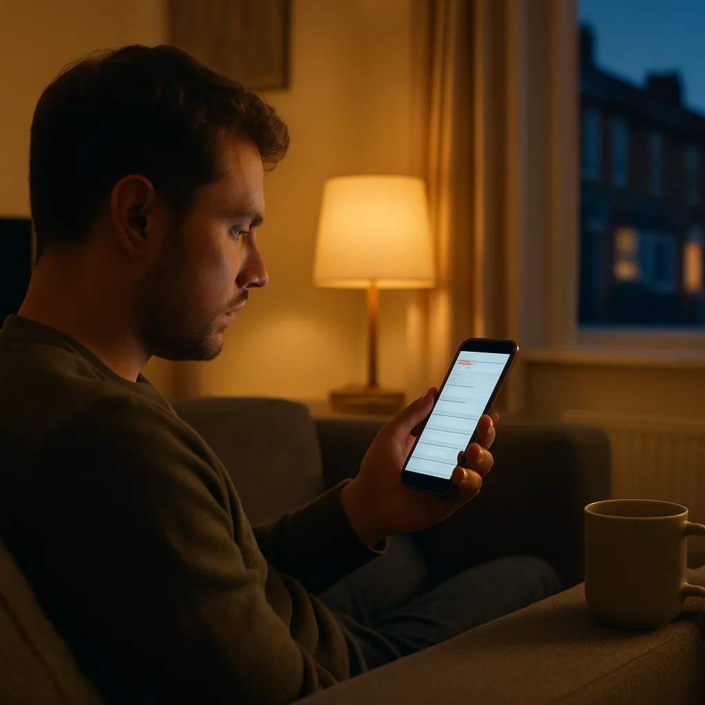 Customer reading Google reviews on phone at home in Northampton