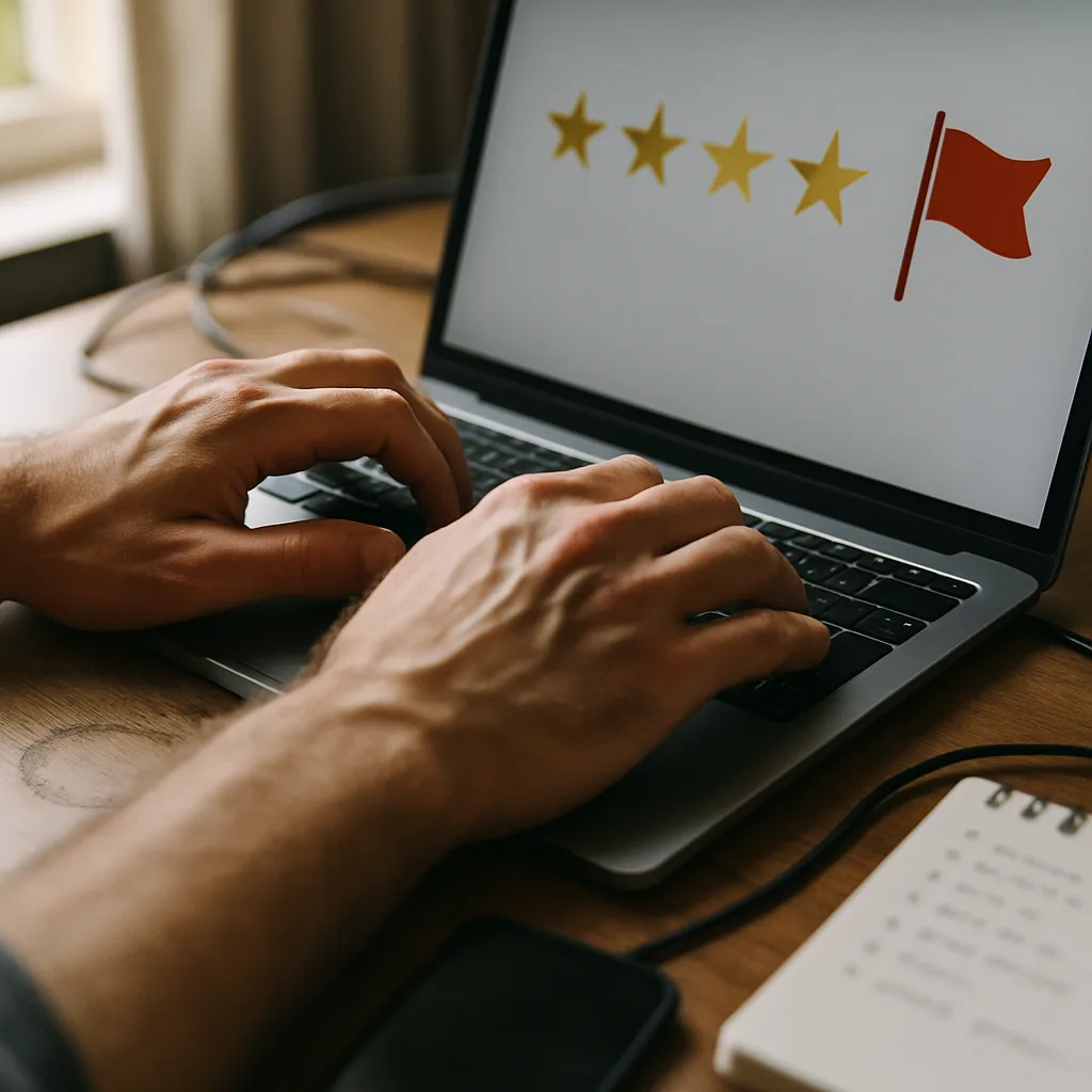 Close-up of hands typing while reviewing a flagged negative customer review