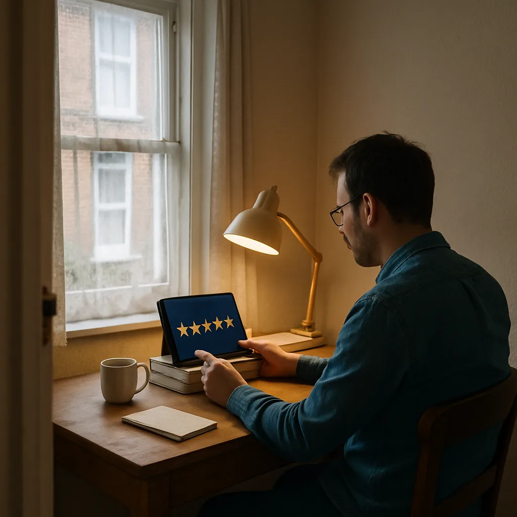 Small business owner checking reviews from a home office desk in Northampton
