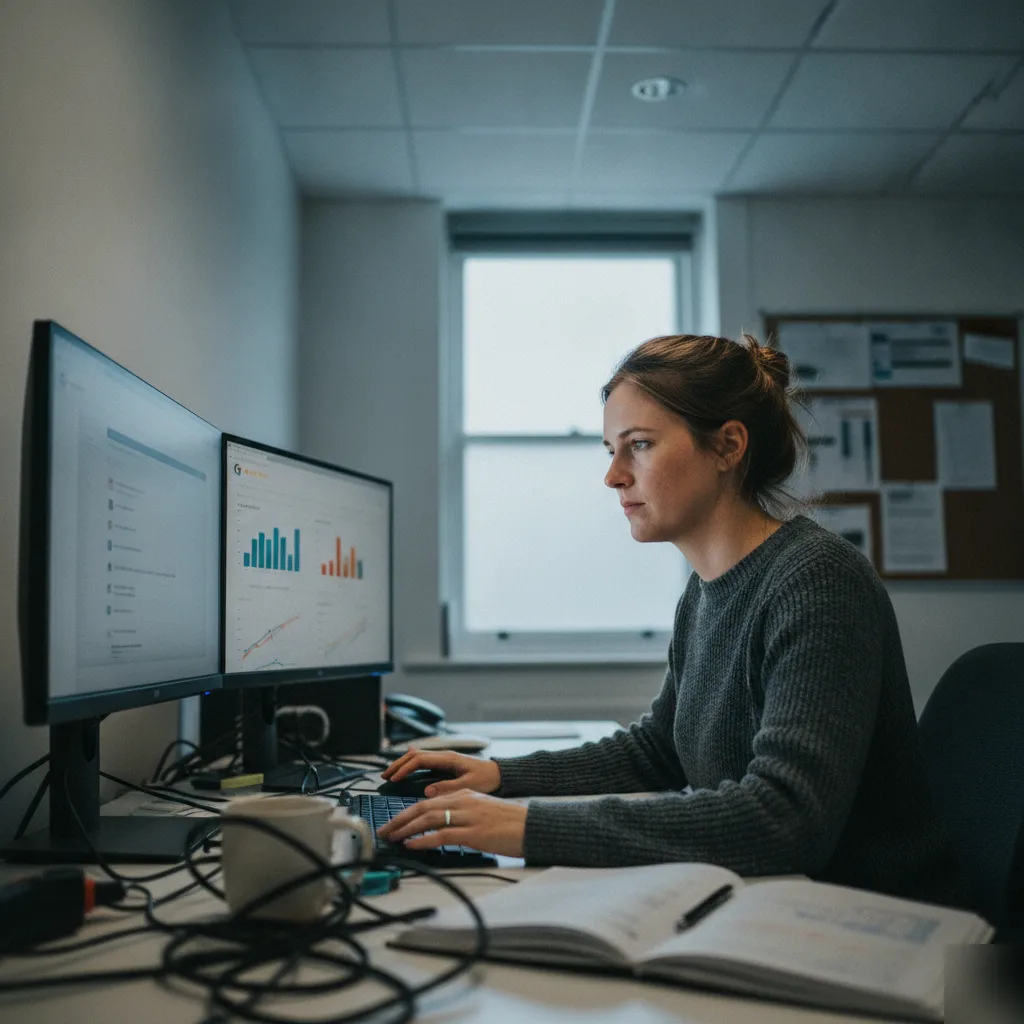 Marketing consultant reviewing search engine marketing dashboard in Northampton office
