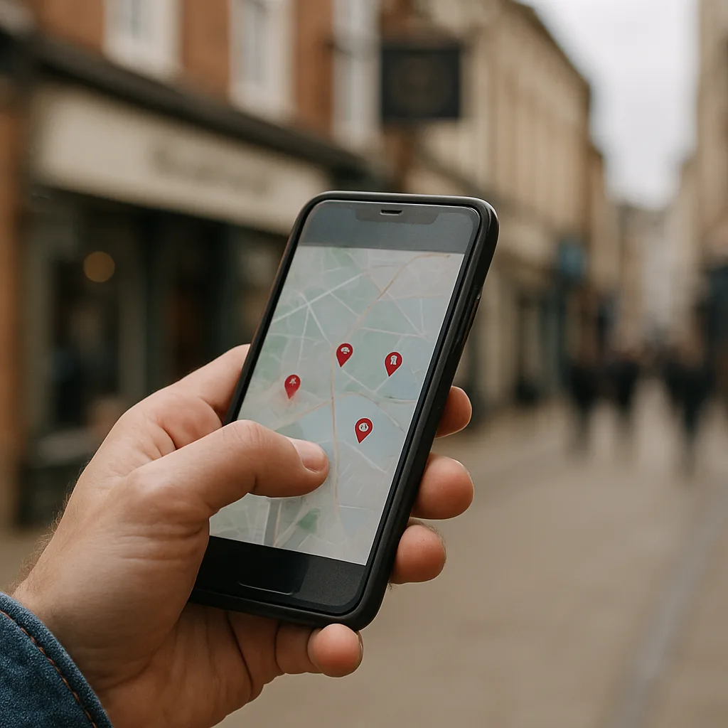 Hand scrolling smartphone map search results outside Northampton high street shops