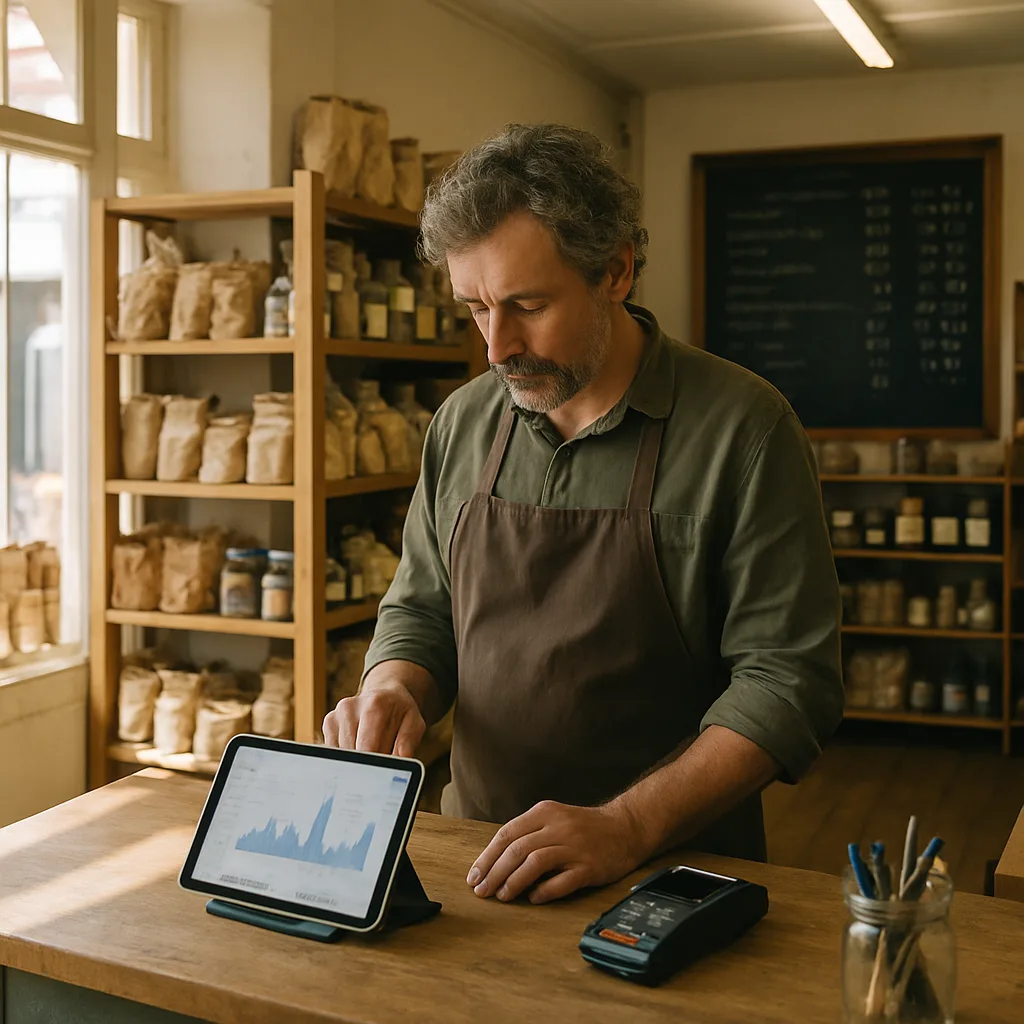 Independent Northampton shop owner checking website analytics on tablet at counter