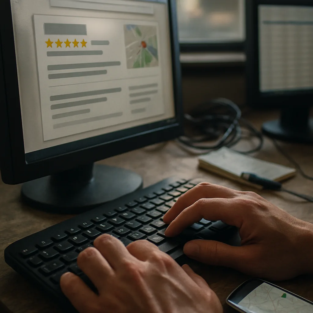 Close-up of hands checking Google Business Profile listing for Northampton audit
