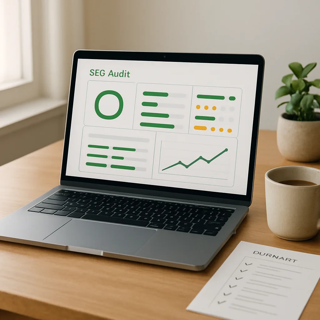 Completed SEO audit report shown on laptop screen in Northampton office