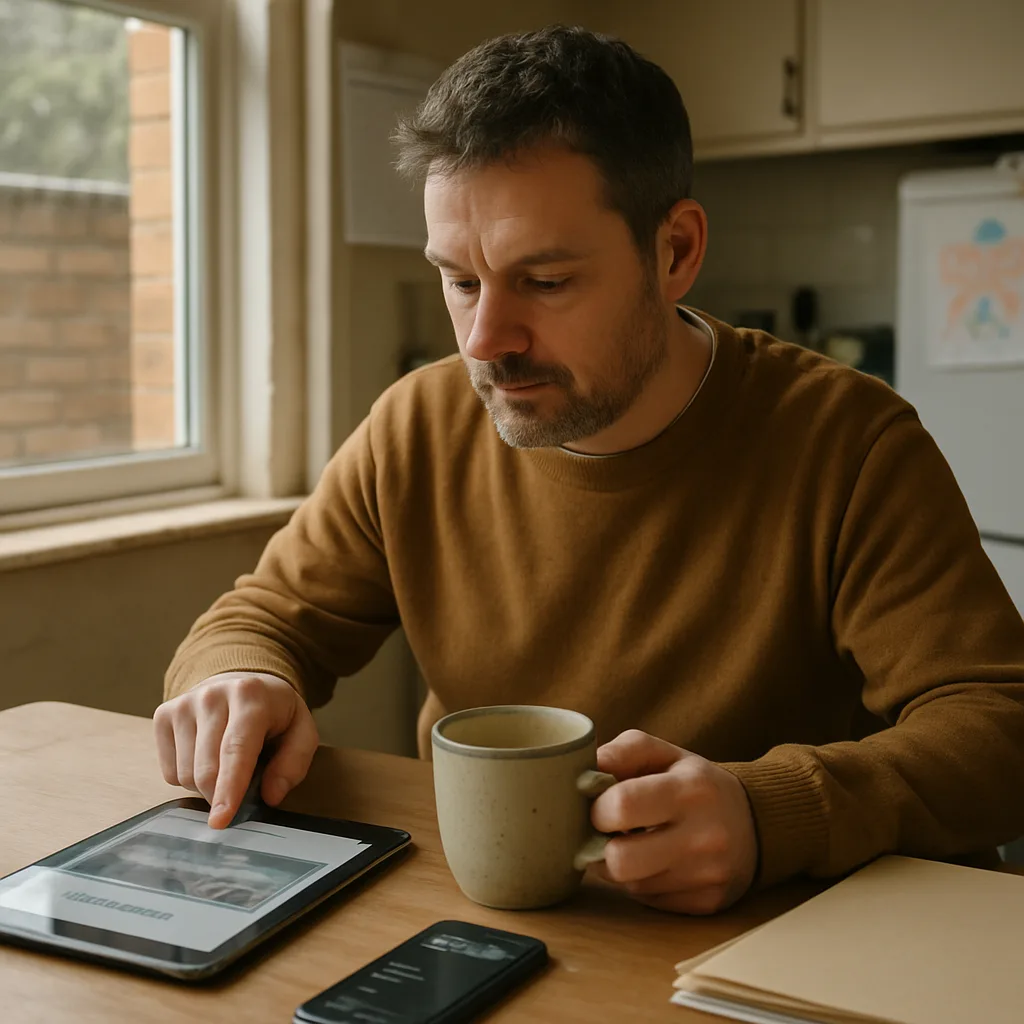 Northampton business owner reviewing website on tablet at home kitchen table