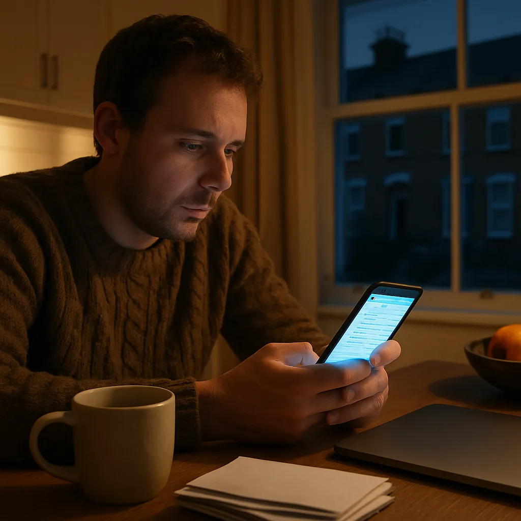 Business owner checking Google reviews at home after SEO consultancy Northampton