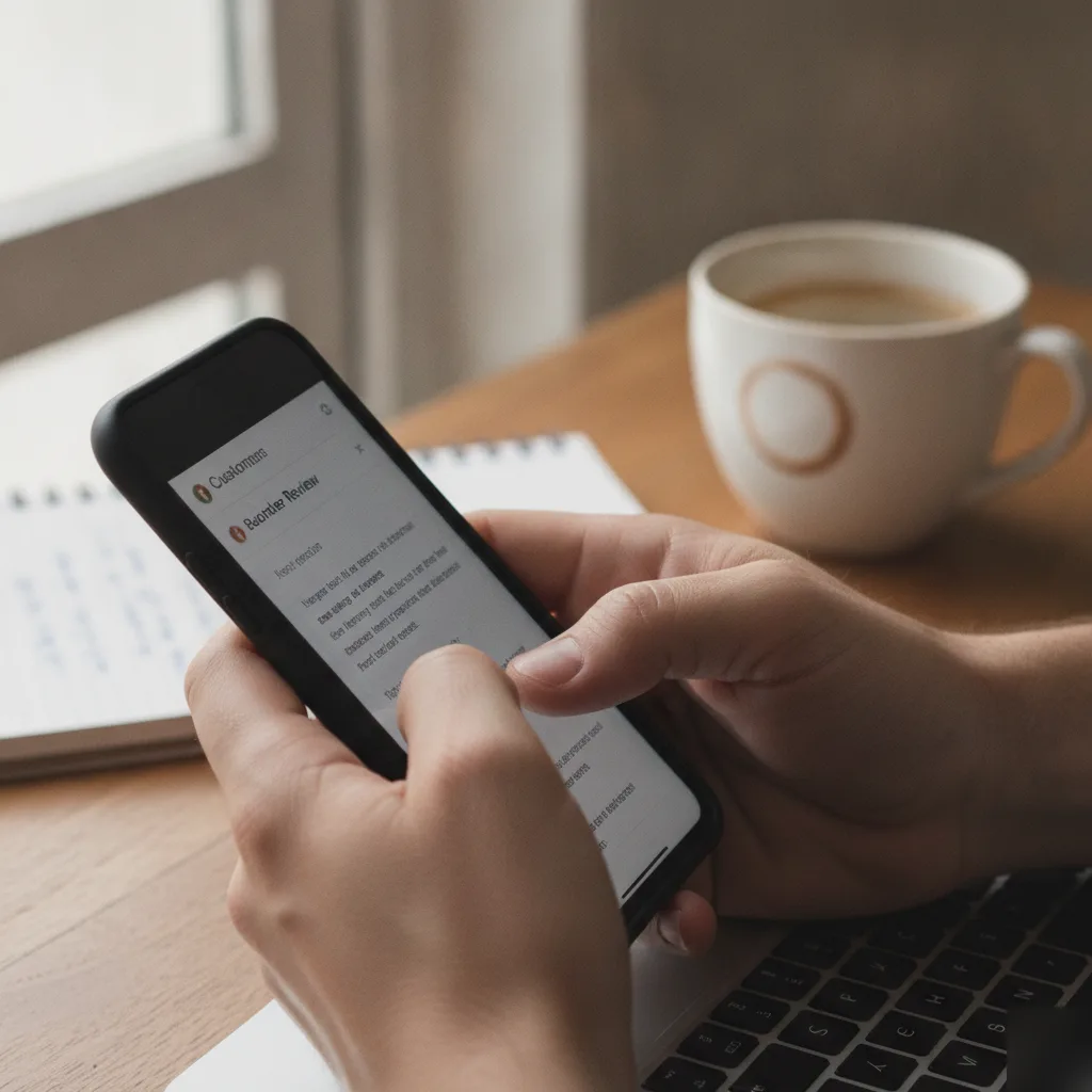 Hand scrolling customer reviews on phone linked to Google Business Profile Northampton