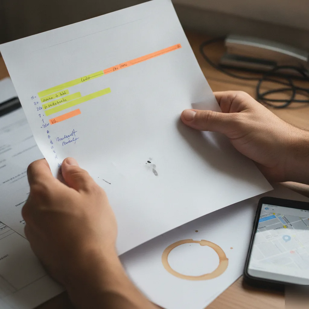 Hands reviewing a printed startup marketing plan with local search notes, Northampton