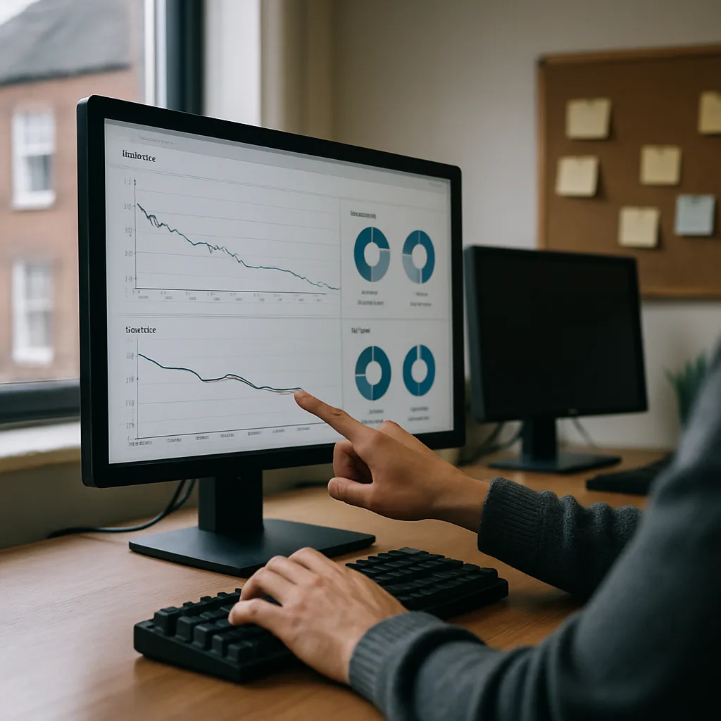Marketer reviewing website traffic dashboard for Northampton SEO client on office monitor