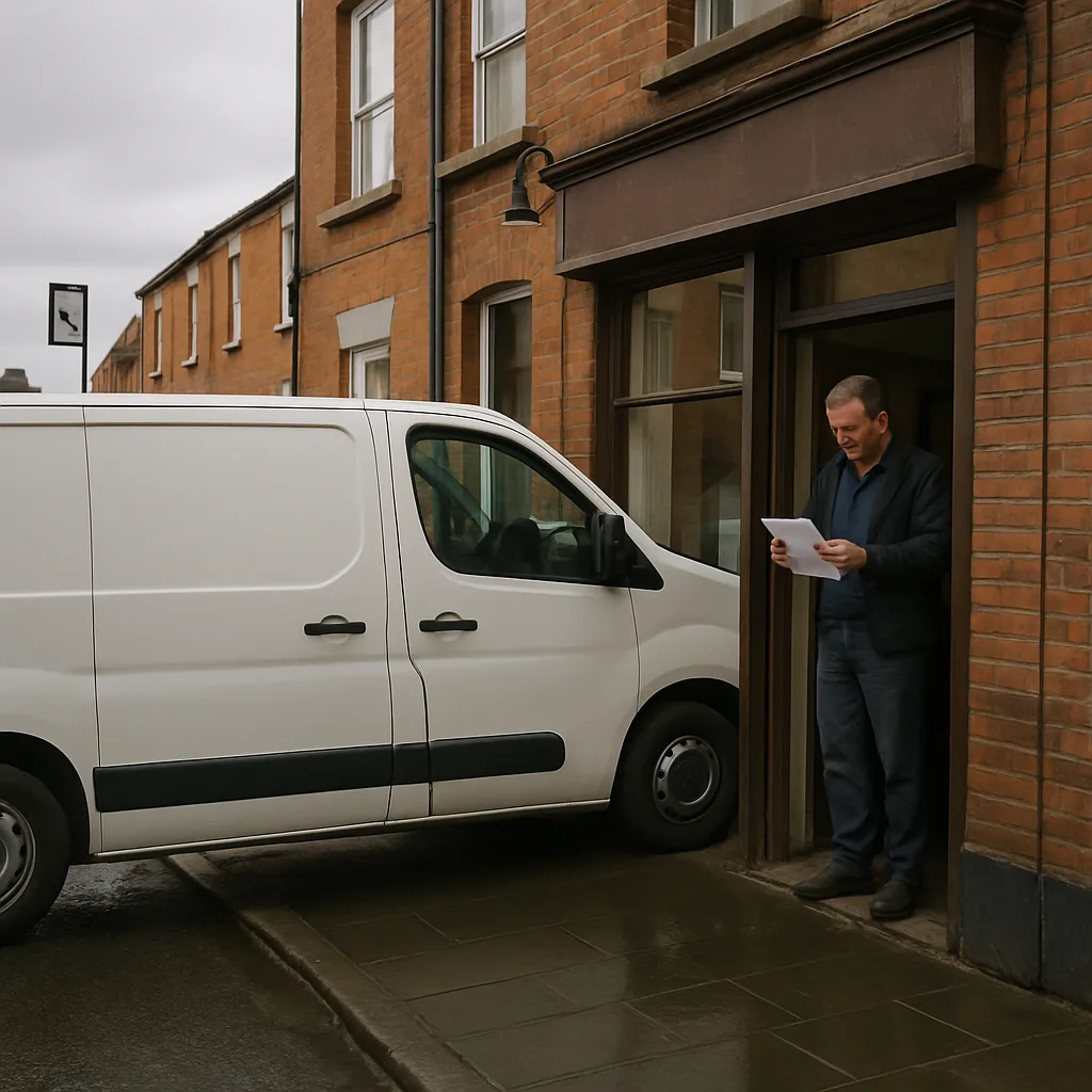 Shop owner outside Northampton storefront checking invoice not related to website SEO