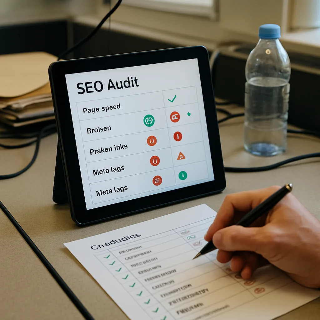 Website SEO audit checklist reviewed on tablet at Northampton marketing desk